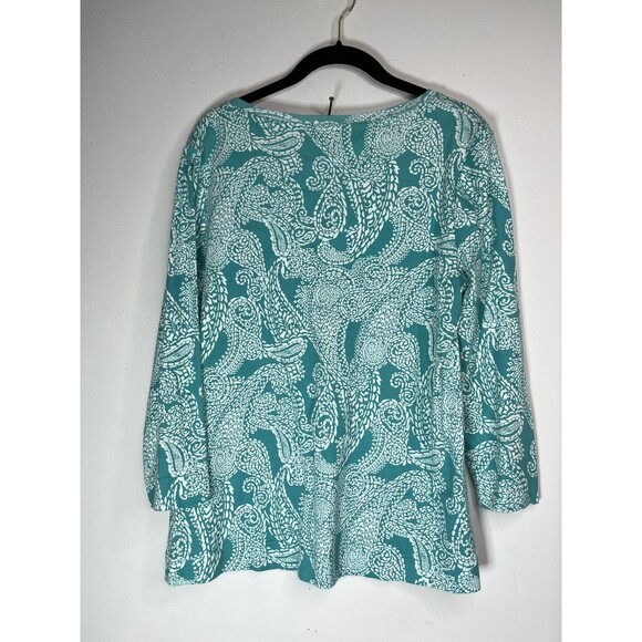 Chico's Shirt Womens Medium Green Paisley V Neck 3/4 Sleeve Pima Cotton Top - Picture 3 of 6